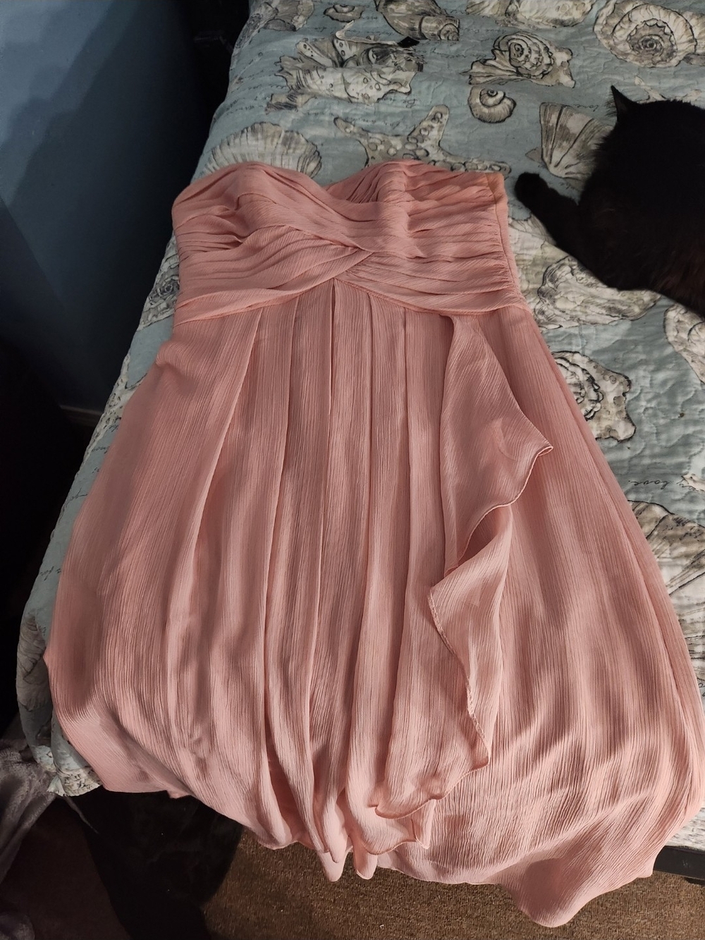 David's Bridal Strapless Blush Pink Pleated Chiffon Dress